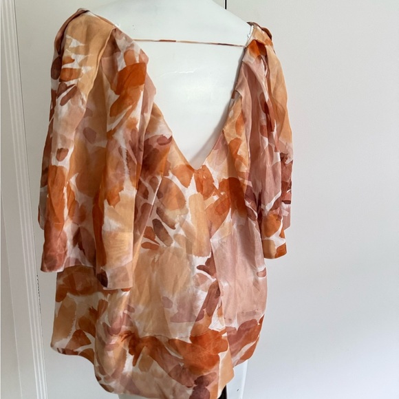 Ginger Smart Womens Silk Cotton Blouse Sz 14 Orange Flutter Sleeve Abstract Top - Picture 5 of 9